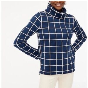 J Crew Funnel Neck Pullover Fleece Lined Windowpane Sweater Women's Small Navy